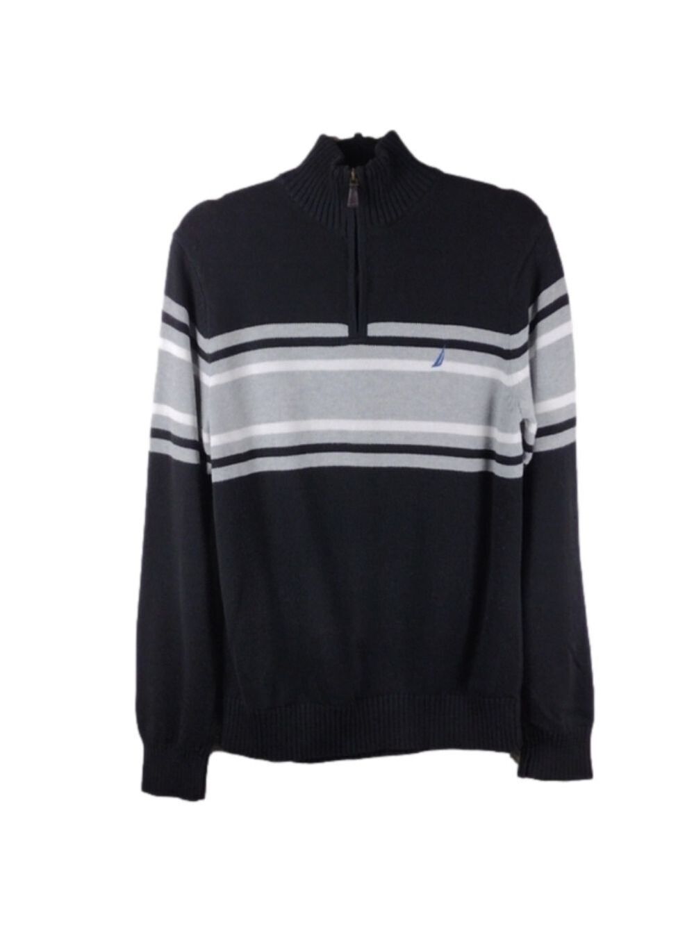 Nautica Black Color Block Mock Neck Long Sleeve 1/4 Zip Pullover Casual Sweater